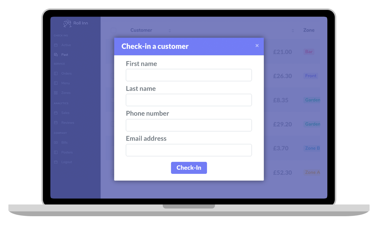 roll inn web dashboard with kisok
